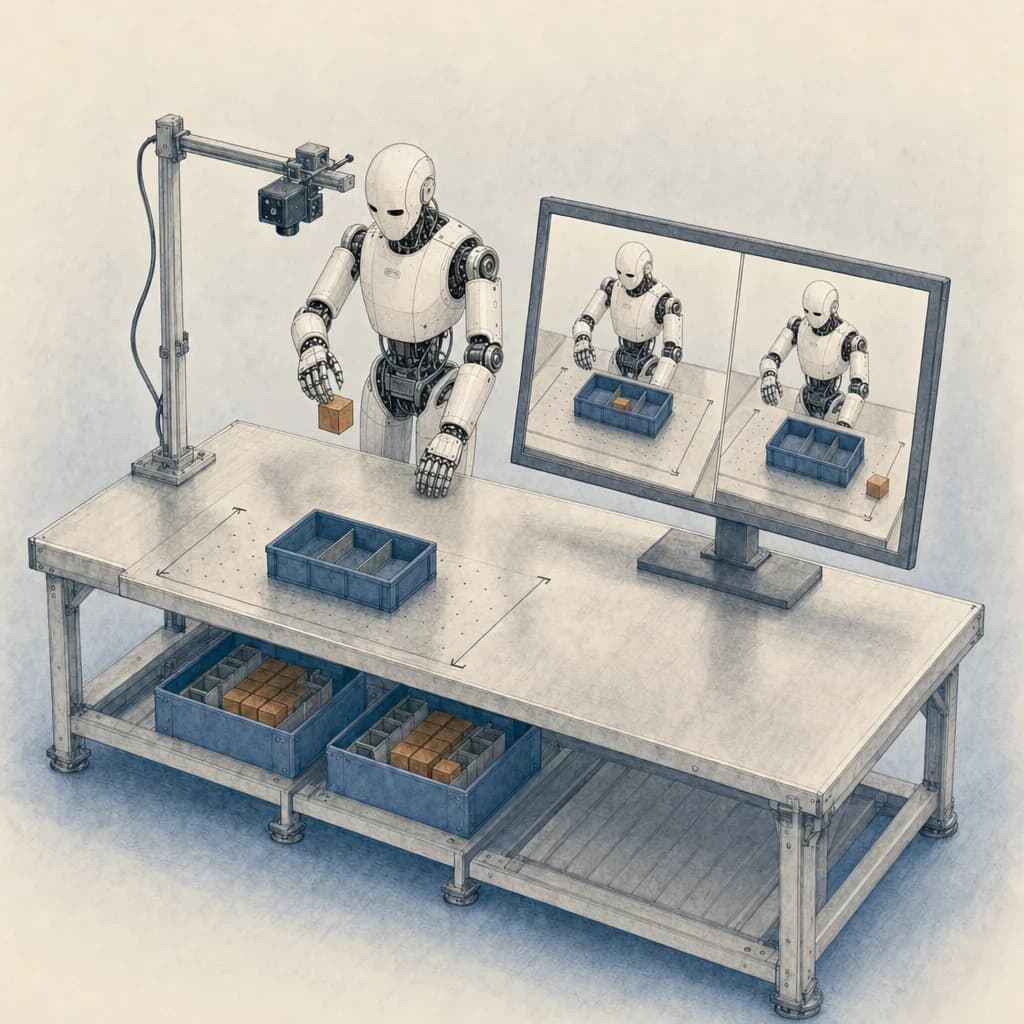 Concept illustration of a humanoid robot and paired recordings of successful and failed object placement