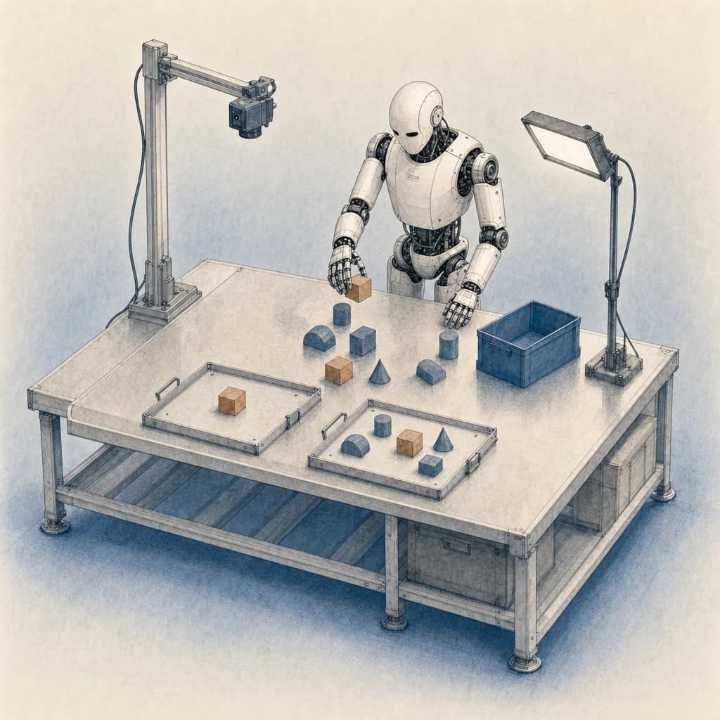 Concept illustration of a humanoid robot with sparse and cluttered task arrangements