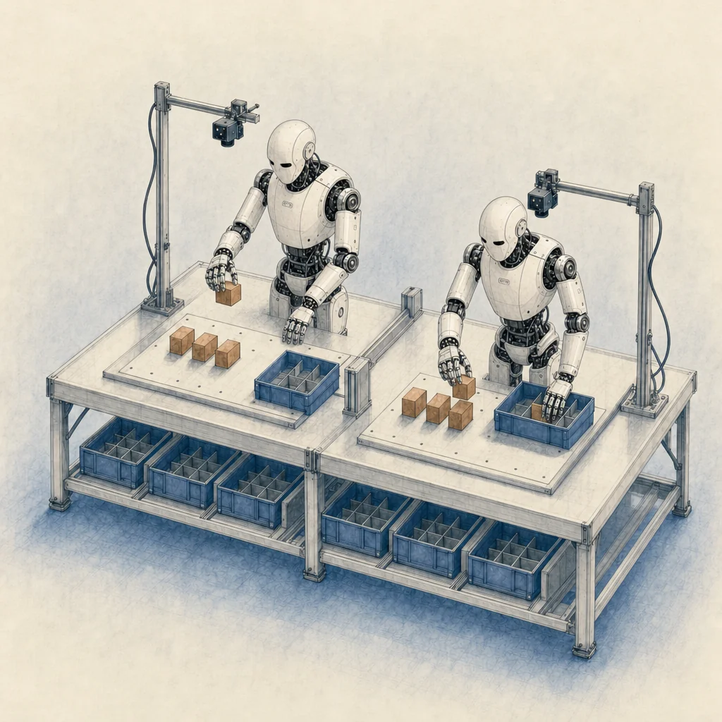 Concept illustration of two matching humanoid robots sorting blocks at identical workstations for repeated policy comparison trials