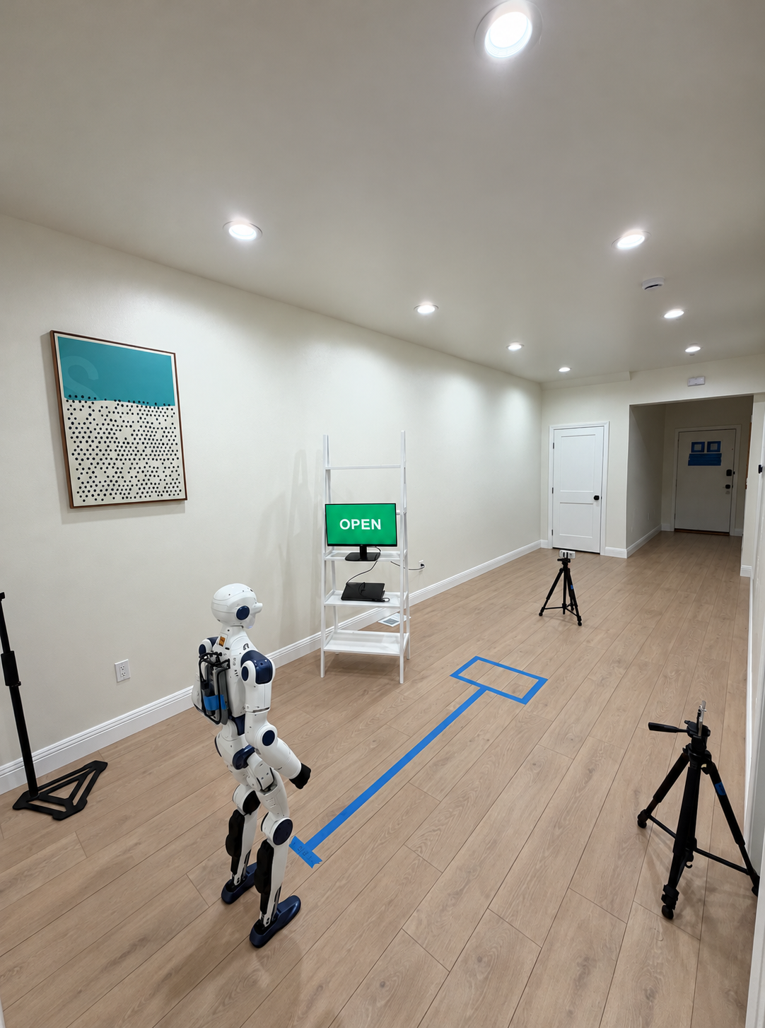 Reverse view of the robot, blue goal box, OPEN display and recording cameras. Background clutter has been digitally removed.
