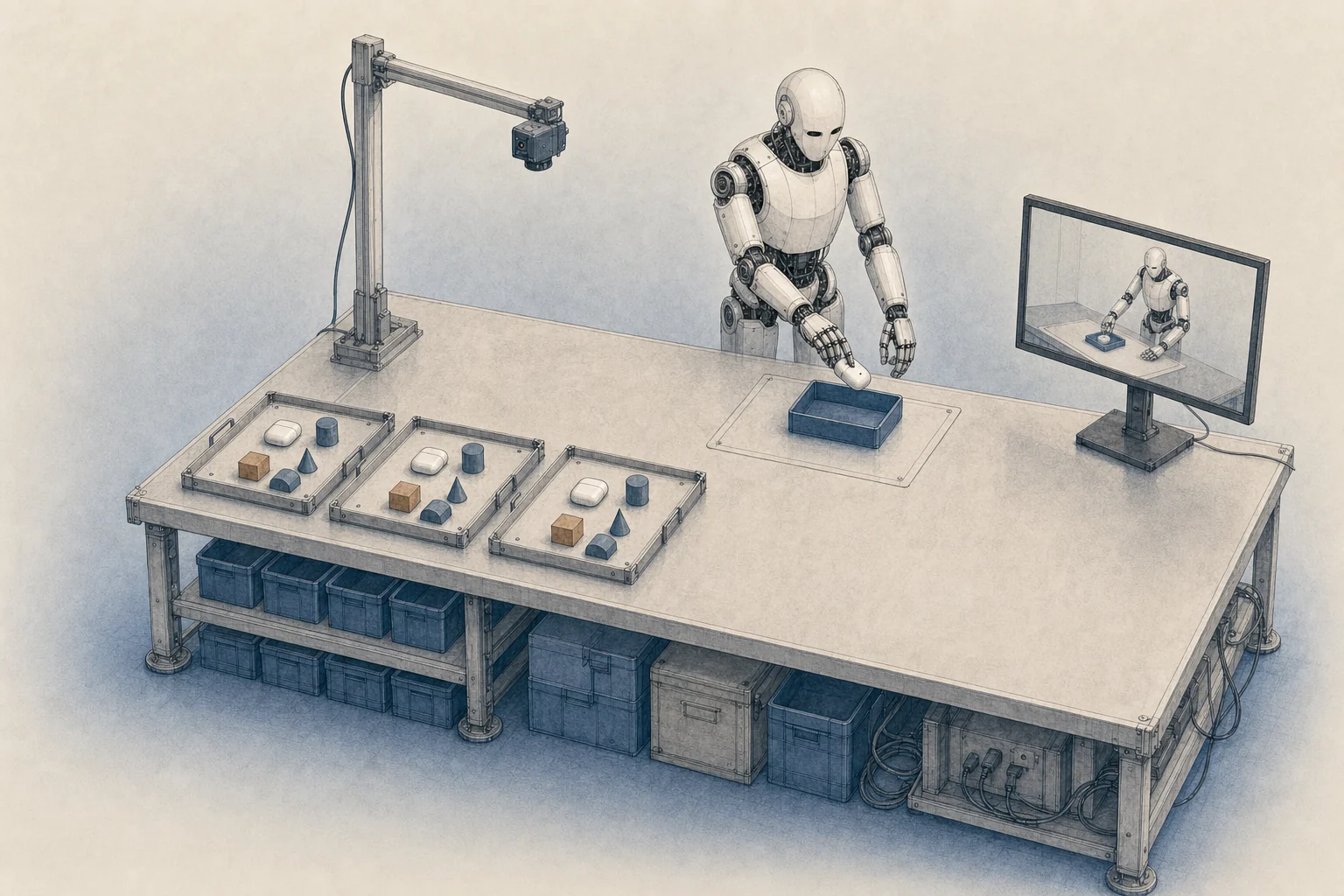 A humanoid robot evaluating a small object-placement task, with an overhead camera, matching reset trays, and a monitor recording the trial